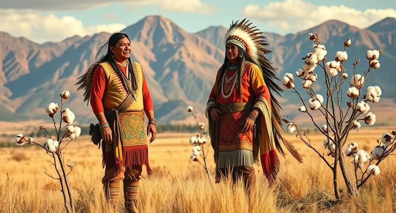 two Native Americans by cotton bushes