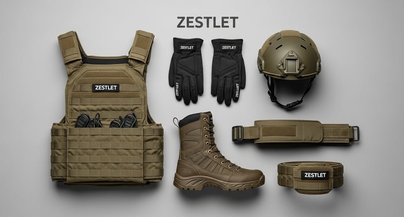 combat uniforms, plate carriers, modular pouches, tactical boots, gloves, helmets, and hydration systems.