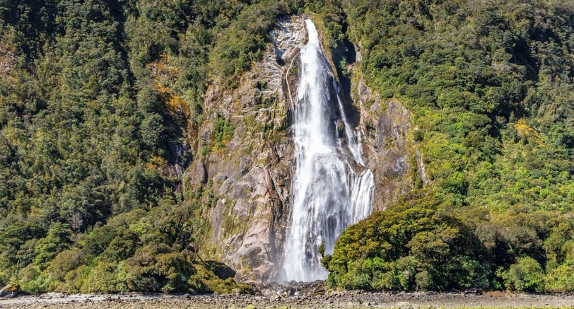 Stirling Falls plunging down the green cliffs of Milford Sound