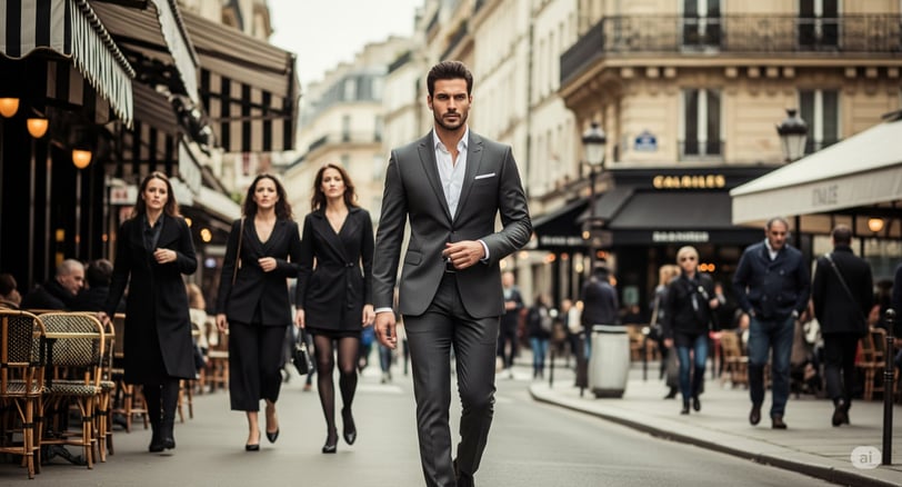 imagem ultra realista de um homem elegante usando terno estiloso, caminhando com postura imponente