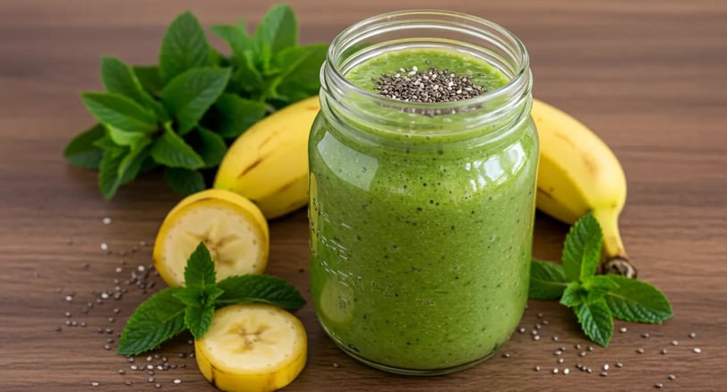 Green smoothie with chia seeds, bananas, and mint on a wooden surface.