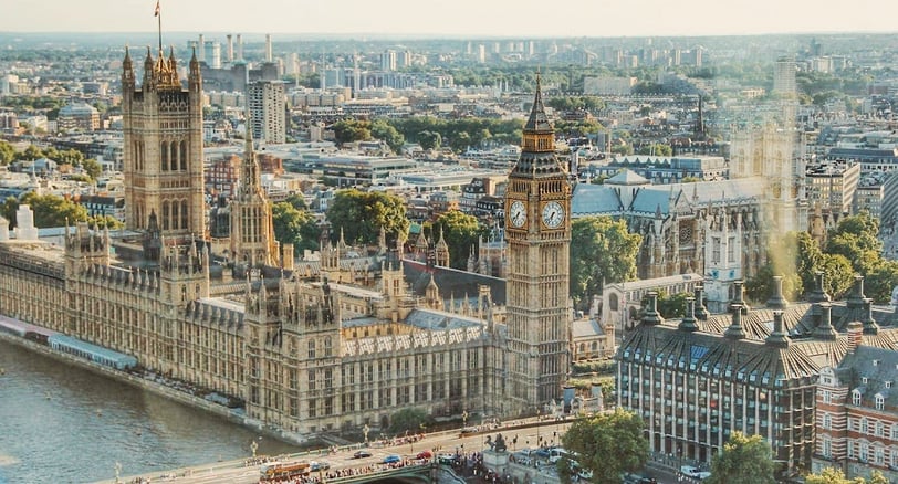 westminster, above city view, houses of parliament, golden elizabeth tower