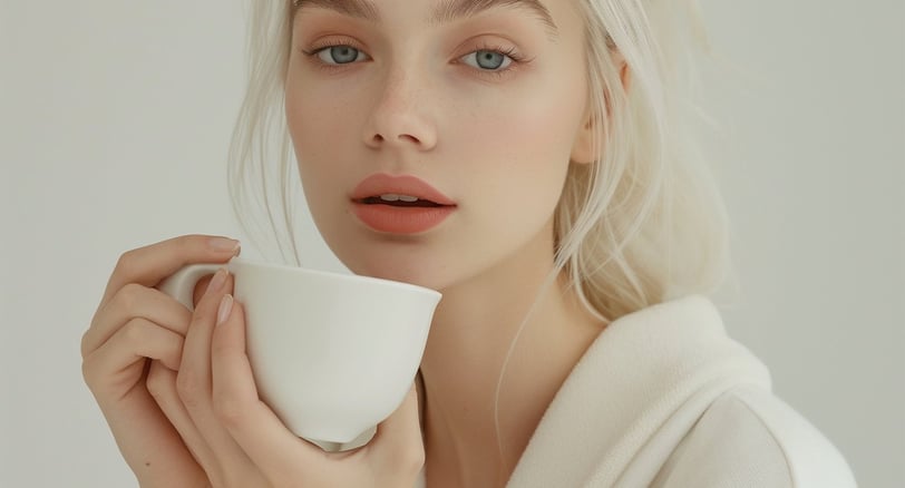 a woman in a white robe holding a cup of coffee
