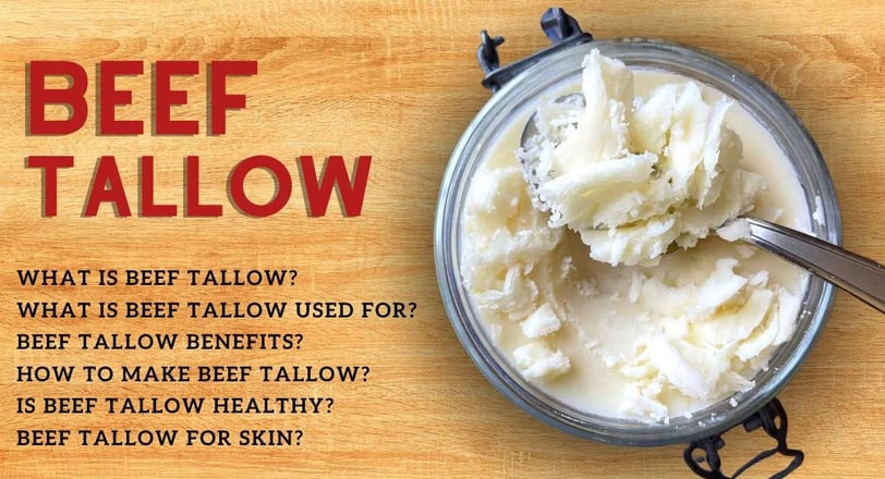 Beef tallow in a glass jar with text overlay about its uses, benefits, and methods of preparation