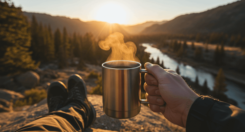 camper enjoying morning coffee on top of mountain side