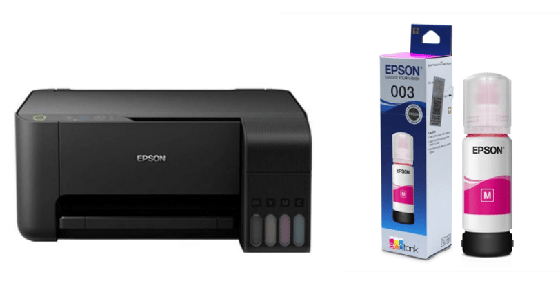 Epson L3110 placed on a desk in a home office, emphasizing its compact design.