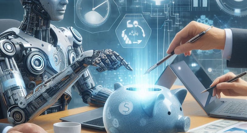 a robot is sitting at a table with a piggybank and showing the AI automation protfolio