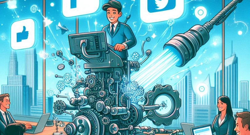 a man in a suit and tie is standing in front of a large screen and publishes automatic LinkedIn post