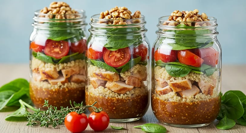 Mason jar salad with chicken, quinoa, spinach, tomatoes, and walnuts.
