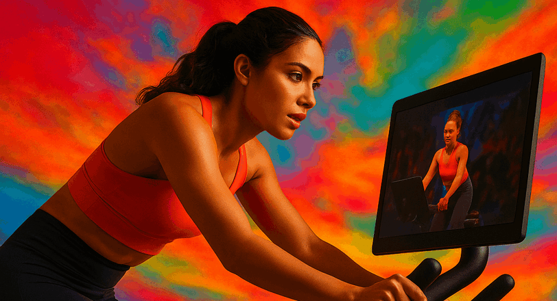 a woman is riding a Peloton Bike+ in a brightly colored background