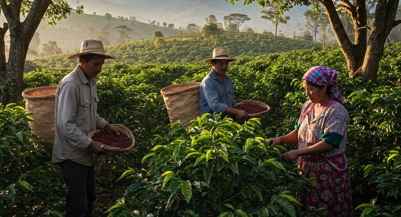 a man and woman in a field of coffee beans