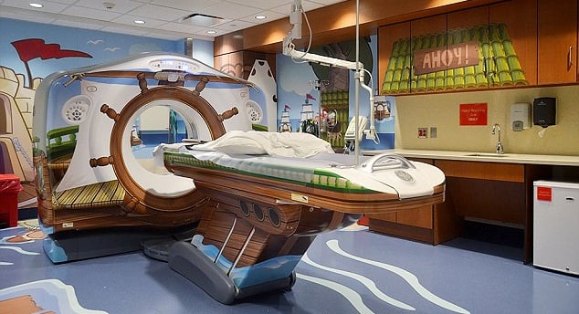 a hospital room with a large mri machine