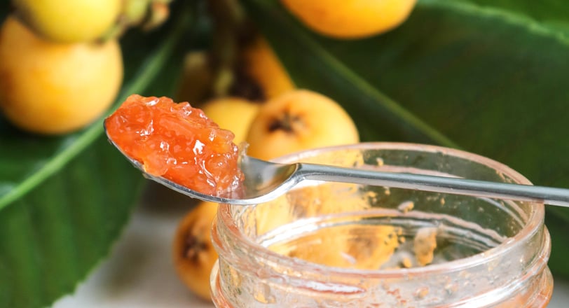 Loquat jam in a spoon with fresh loquats behind. Photo from the recipe page at the link below.