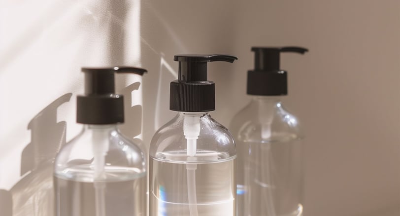 three bottles on a shelf in a bathroom