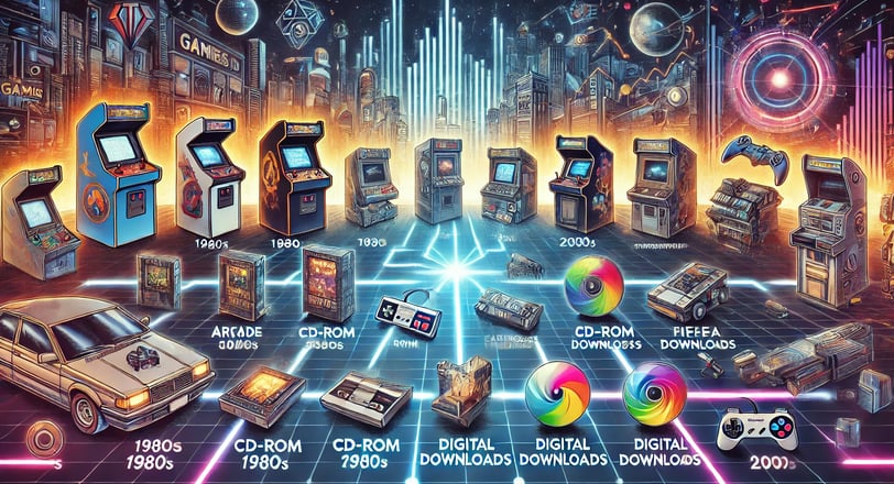 evolução da economia dos games em uma linha do tempo com consoles clássicos, fliperamas e jogos