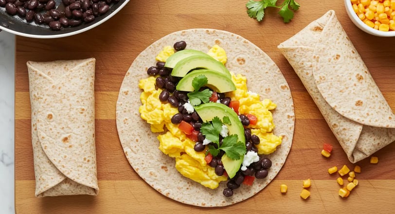 The image shows a breakfast wrap with scrambled eggs, black beans, avocado, cilantro, and tomato, ready to be rolled up.