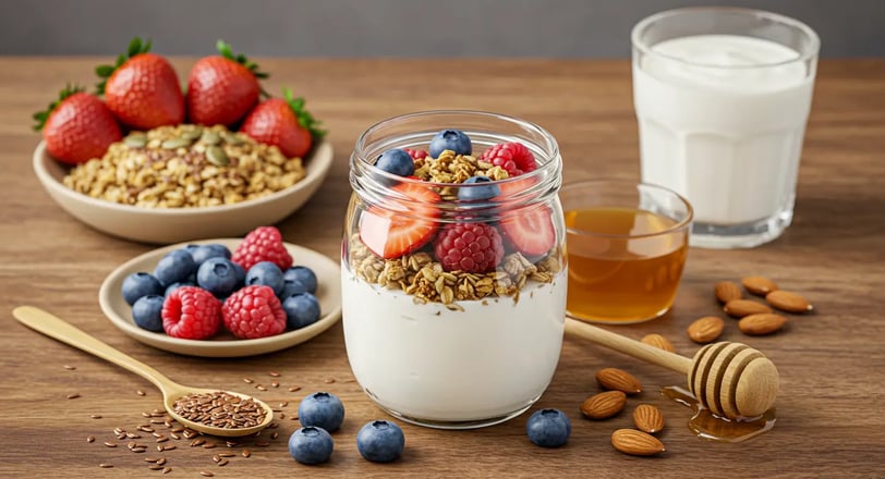 A yogurt parfait in a glass jar with granola, berries, and honey, surrounded by fresh ingredients like strawberries, almonds,