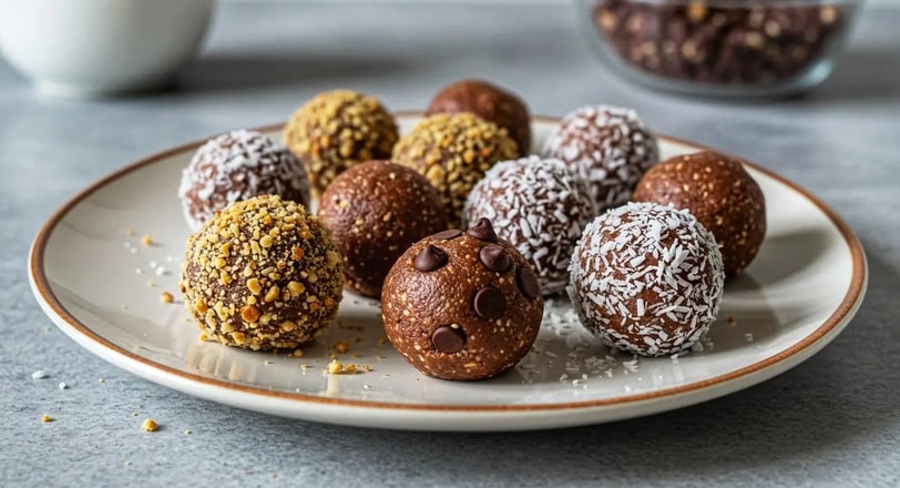 Protein bites with various toppings on a ceramic plate.