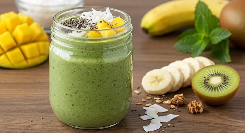 Tropical Protein Smoothie Jar with mango, chia seeds, coconut, and granola.