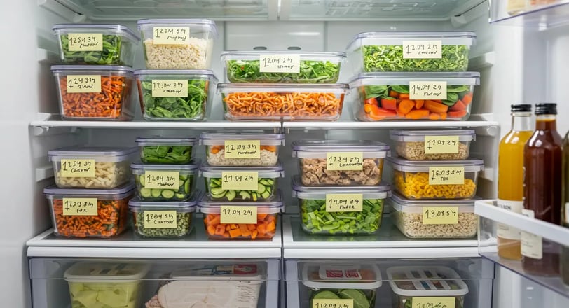 Organized fridge with labeled containers of vegetables for easy food storage.