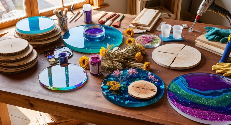 A vibrant and inviting workspace featuring a large wooden table covered with resin crafting materials.