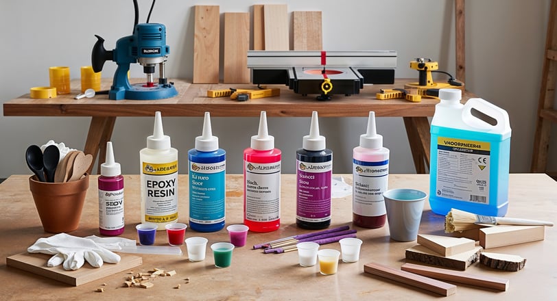 An artistic workspace featuring essential materials for resin and woodworking projects.