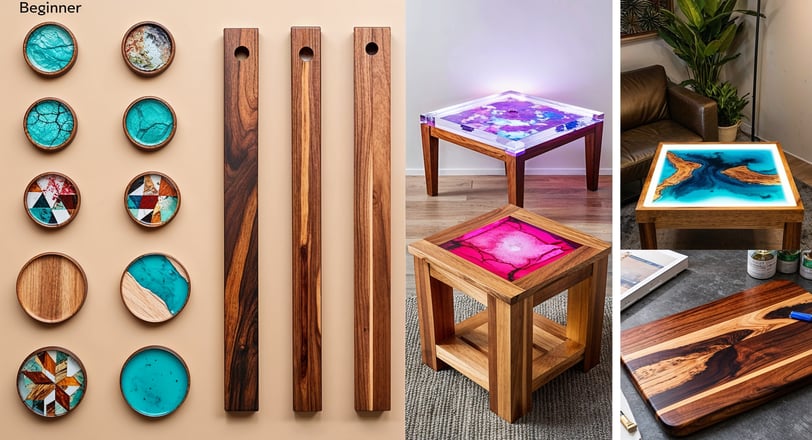 contrasting sets of resin-wood projects displayed side by side. On the left, beginner-friendly small items.