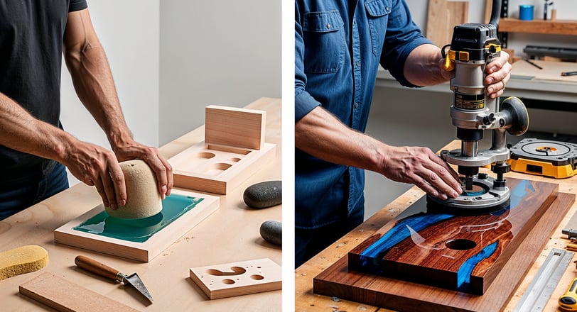 a beginner sanding wood and pouring resin into a simple mold with basic tools.