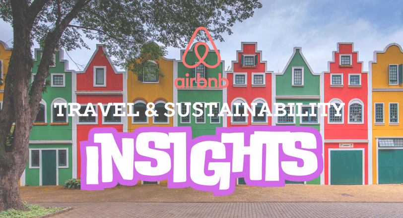 The words travel and sustainability written and the colorful buildings in the background