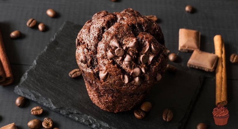 Olympics Chocolate Muffin Recipe topped with Chocolate chips and coffee beans along with Chocolate pieces 7 waffer