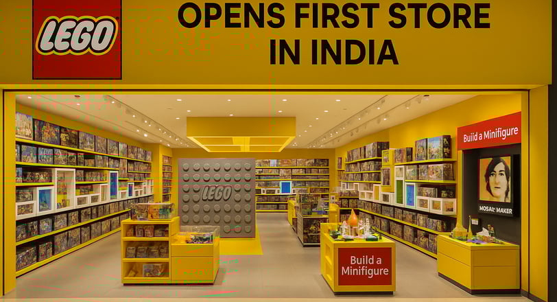 LEGO India store launch at Ambience Mall Gurugram featuring brick walls, BYOM stations, and exclusive India-themed LEGO build
