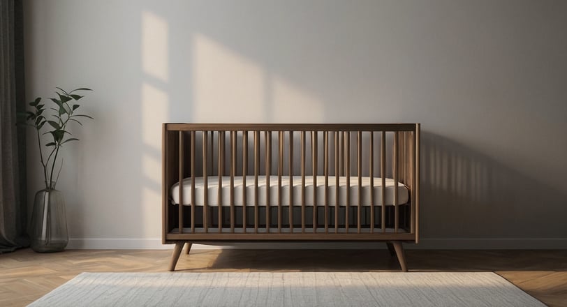 a baby's room with a wooden crib