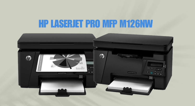 Front view of the HP LaserJet Pro MFP M126nw printer, showcasing its compact design and control pane