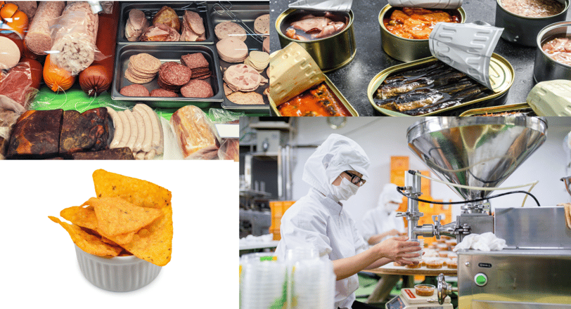 Imagem ilustrando alimentos ultraprocessados comuns na dieta moderna. Mostra embutidos como mortadela, salame e salsichas, co