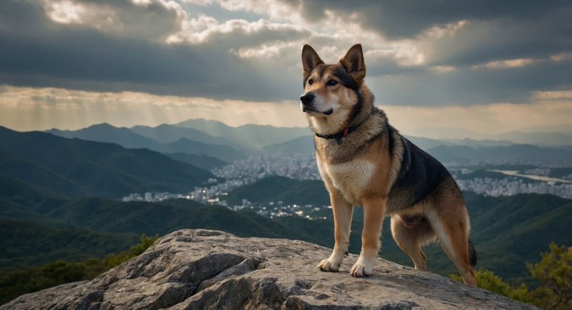 A dog stands on a rocky outcrop, overlooking a scenic mountain landscape
