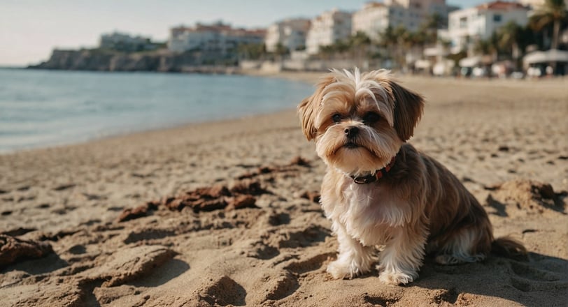 Cute little Maltese dog with soft brown fur on the beach