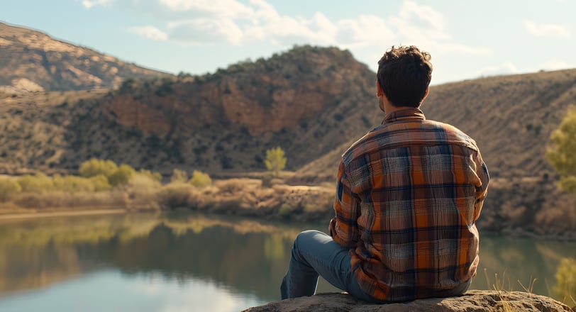 Contemplating a Tranquil Lake Amid Rugged Mountains