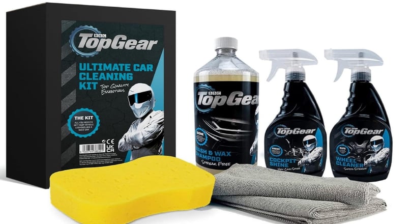 Top Gear Ultimate Car Cleaning Set – All-in-one car care kit with wash & wax, wheel cleaner, and microfibre cloths