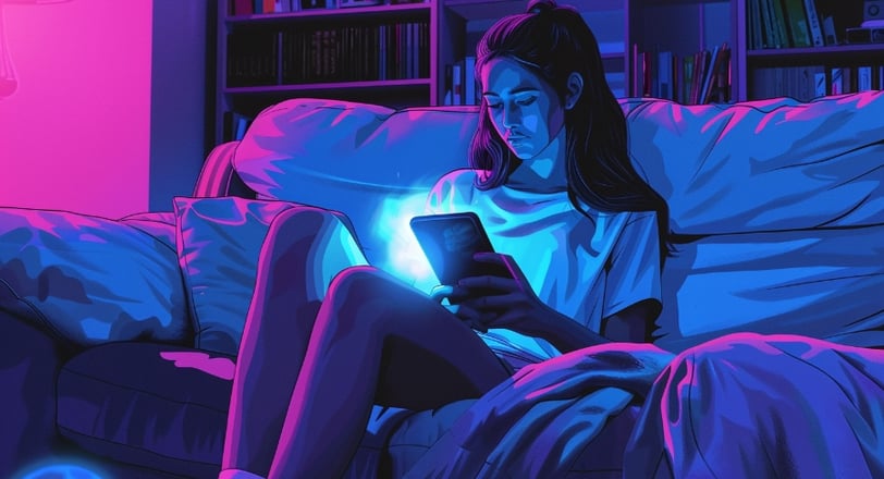 a young woman sat looking at the blue light on the screen of a tablet and phone in the dark