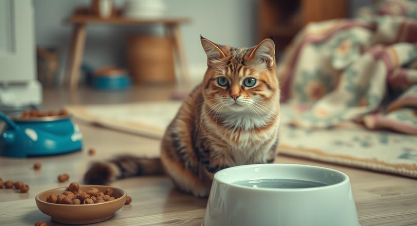 A concerned cat sitting by a water bowl, looking slightly lethargic, with a background of an indoor home environment.