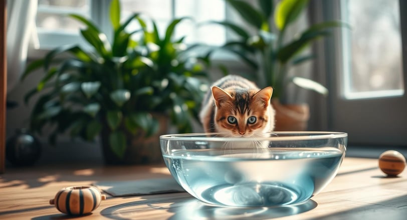 A serene interior scene of a cozy cat space featuring a large, elegant water bowl overflowing with crystal-clear water.