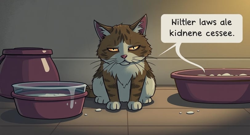 A somber, illustrative scene depicting a cat showing signs of kidney disease; the cat appears lethargic and has sunken eyes.