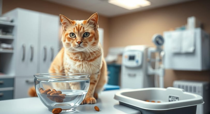 A worried cat sitting on a veterinary examination table, with subtle signs of kidney disease such as excessive drinking.