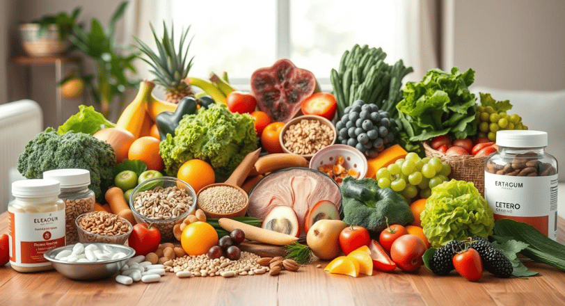 Colorful plate of nutrient-rich foods for women over 40: salmon, leafy greens, berries, and nuts