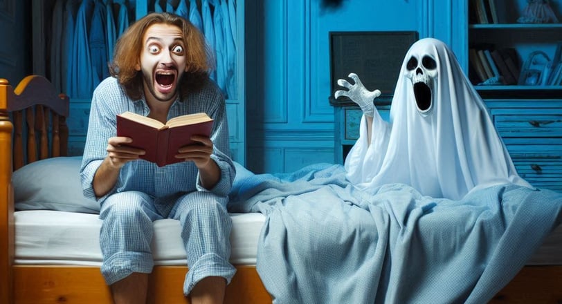 a man is reading a book and a ghost sitting next to him