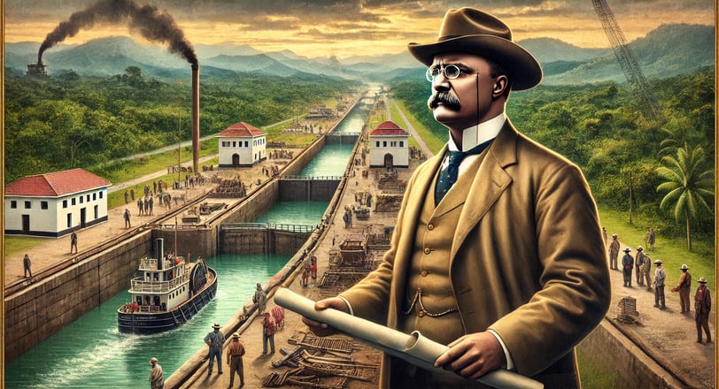 A digital image of Theodore Roosevelt overlooking the construction of the Panama Canal