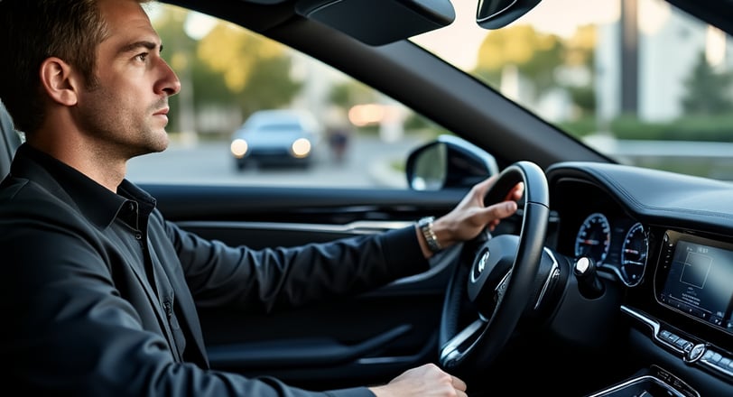 a man in a black jacket is driving a car