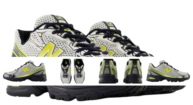 a pair of sneakers with different colors, New Balance 740 Silver Neon