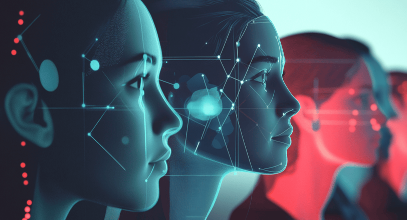a group of people standing in front of a digital art
