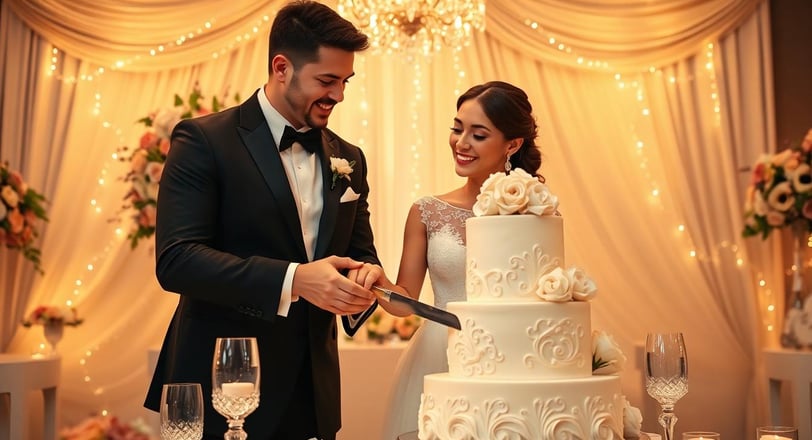 newlyweds cutting their wedding cake